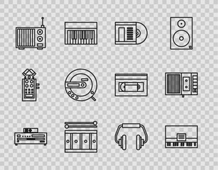 Poster - Set line Music CD player, Piano, Vinyl disk, Drum with drum sticks, Radio antenna, Headphones and tape icon. Vector