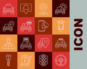 Poster - Set line Steering wheel, Taxi car, Scooter, Map pointer with taxi, and call telephone service icon. Vector