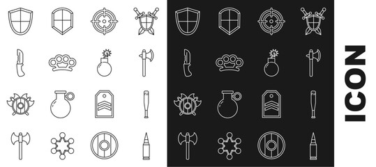 Poster - Set line Bullet, Baseball bat, Medieval axe, Target sport, Brass knuckles, Military knife, Shield and Bomb ready to explode icon. Vector