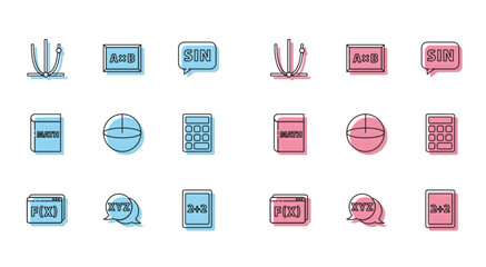Poster - set line geometric figure pentagonal prism, calculator, ringing bell, calculation, triangle math, an