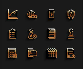 Poster - set line calculator with dollar symbol, mobile phone and credit card, pie chart infographic, calenda