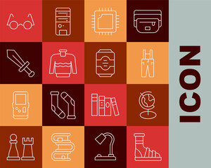 Poster - Set line Slippers with socks, Earth globe, Pants suspenders, Processor CPU, Sweater, Sword for game, Eyeglasses and Energy drink icon. Vector