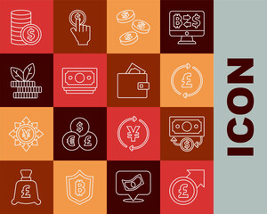 Poster - set line financial growth and pound, stacks paper money cash, coin with, dollar, dollar plant, and w