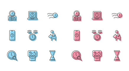 Poster - set line magnifying glass with clock, from 9, time is money, old hourglass sand, clock, piggy bank c