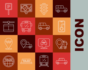 Poster - Set line Car, Location with bus, City map navigation, Traffic light, Bus, Cable car, Parking and icon. Vector