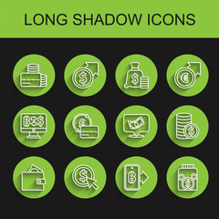 Poster - Set line Wallet with money, Coin dollar, Credit card, Mining bitcoin from mobile, Glass jar, and Stacks paper cash icon. Vector