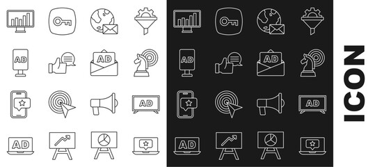 Poster - Set line Laptop with star, Advertising, Chess, Earth globe mail, Customer product rating, Monitor graph chart and icon. Vector
