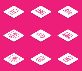 Poster - Set line Mobile phone with house temperature, Laptop smart and alarm, House, Computer monitor, Smart, home wi-fi, and watch under protection icon. Vector