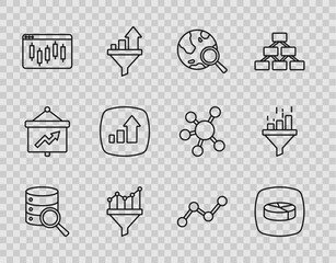 Poster - Set line Server, Pie chart infographic, Search globe, Sales funnel with, Browser stocks market, Financial growth, Graph and icon. Vector