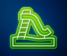 Poster - Glowing neon line Kid slide icon isolated on blue background. Childrens slide. Vector