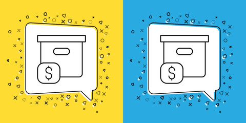 Poster - Set line Carton cardboard box with price tag icon isolated on yellow and blue background. Box, package, parcel sign. Delivery and packaging. Vector