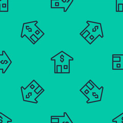 Poster - Blue line House with dollar symbol icon isolated seamless pattern on green background. Home and money. Real estate concept. Vector