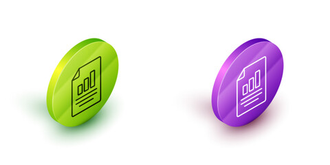 Fototapete - Isometric line Document with graph chart icon isolated on white background. Report text file icon. Accounting sign. Audit, analysis, planning. Green and purple circle buttons. Vector