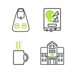 Poster - Set line School building, Coffee cup, Board with graph chart and backpack icon. Vector