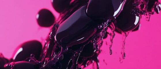 Poster - Abstract dark purple liquid with water droplets flowing against a vibrant pink background Concept of beauty, cosmetics, and fluidity
