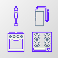 Poster - Set line Gas stove, Oven, Power bank with different charge cable and Blender icon. Vector