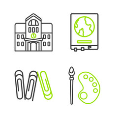 Poster - set line paint brush with palette, paper clip, world map on school blackboard and school building ic
