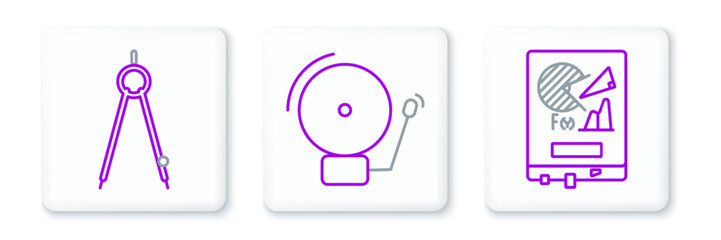 Poster - Set line Board with graph chart, Drawing compass and Ringing alarm bell icon. Vector