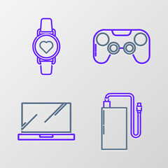 Poster - set line power bank with different charge cable, laptop, gamepad and smart watch showing heart beat 
