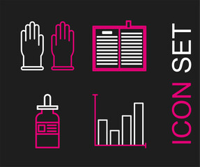 Poster - Set line Pie chart infographic, Glass bottle with pipette, Open science book and Rubber gloves icon. Vector