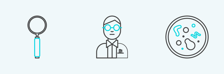 Poster - Set line Bacteria, Magnifying glass and Scientist icon. Vector