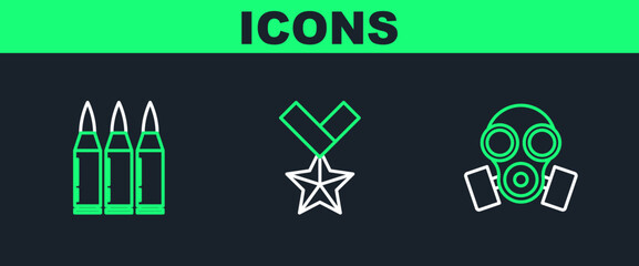 Poster - Set line Gas mask, Bullet and Military reward medal icon. Vector