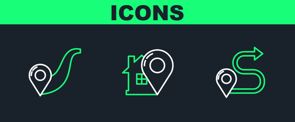 Poster - Set line Route location, and Map pointer with house icon. Vector
