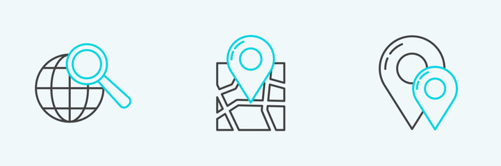 Poster - Set line Map pin, Magnifying glass with globe and Folded map location marker icon. Vector