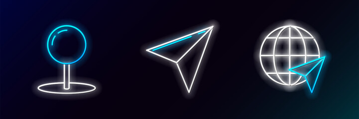 Poster - Set line Location on the globe, Push pin and Paper airplane icon. Glowing neon. Vector