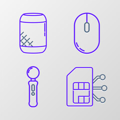 Poster - Set line Sim card, Gamepad, Computer mouse and Voice assistant icon. Vector