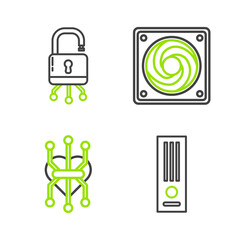 Poster - Set line Video game console, Processor, Computer cooler and Lock digital circuit board icon. Vector