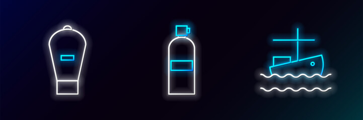 Poster - set line fishing boat on water, lift bag and aqualung icon. glowing neon. vector