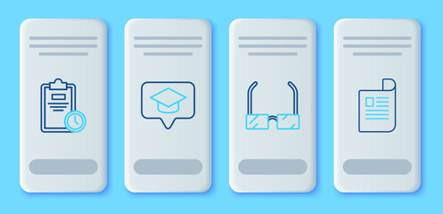 Poster - Set line Graduation cap in speech bubble, Glasses, Exam sheet with clock and Document icon. Vector