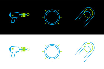 Poster - Set line Satellite, Ray gun and Sun icon. Vector