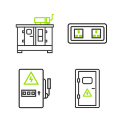 Poster - Set line Electrical cabinet, panel, outlet and Diesel power generator icon. Vector