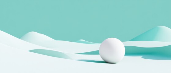 Wall Mural - Minimalist 3D rendering of white sphere on abstract pastel blue landscape, showcasing clean design and modern aesthetic for product display or background