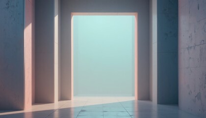 Poster - Illuminated doorway emerges in minimalist interior space abstract design modern architecture serene environment perspective view conceptual art for visual inspiration