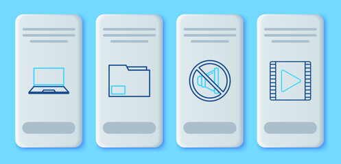 Fototapete - Set line Document folder, Speaker mute, Laptop and Play Video icon. Vector