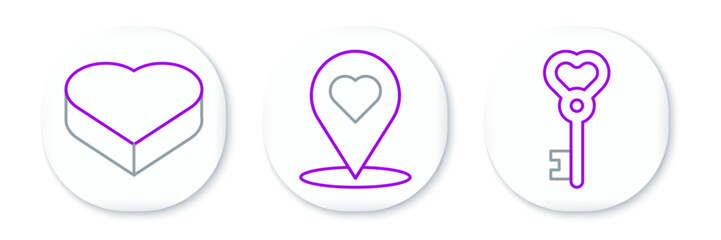 Poster - set line key in heart shape, candy shaped box and map pointer with icon. vector