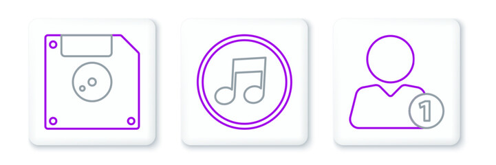 Poster - set line add to friend, floppy disk for computer data storage and music note, tone icon. vector