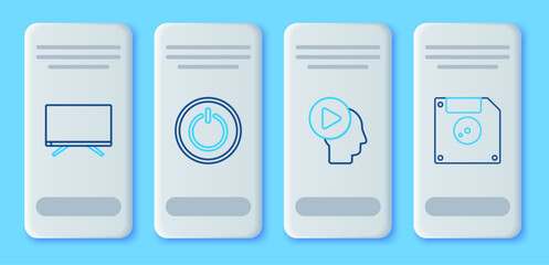 Fototapete - Set line Power button, Head people with play, Smart Tv and Floppy disk for computer data storage icon. Vector