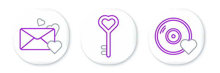 Poster - Set line Romantic music, Envelope with heart and Key in shape icon. Vector