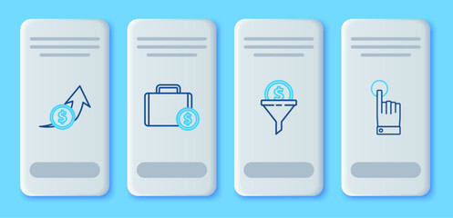 Poster - set line briefcase and money, lead management, financial growth coin and hand touch tap gesture icon