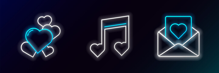 Poster - set line envelope with heart, heart and music note, tone hearts icon. glowing neon. vector
