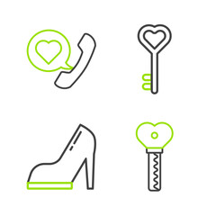 Poster - set line key in heart shape, woman shoe with high heel, and telephone speech bubble icon. vector
