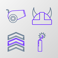 Poster - Set line Dynamite bomb stick clock, Military rank, Viking in horned helmet and Cannon icon. Vector