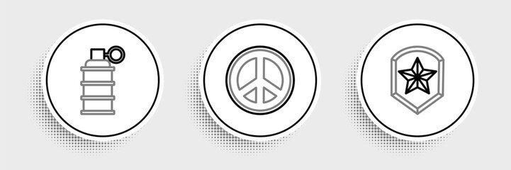Poster - Set line Police badge, Hand grenade and Peace icon. Vector