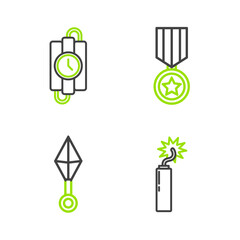 Poster - Set line Dynamite bomb stick clock, Japanese ninja shuriken, Military reward medal and dynamite and timer icon. Vector