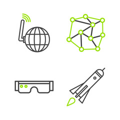 Poster - Set line Rocket ship with fire, Smart glasses, Neural network and Social icon. Vector