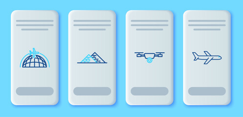 Poster - Set line Egypt pyramids, Drone flying with action video camera, Globe plane and Plane icon. Vector